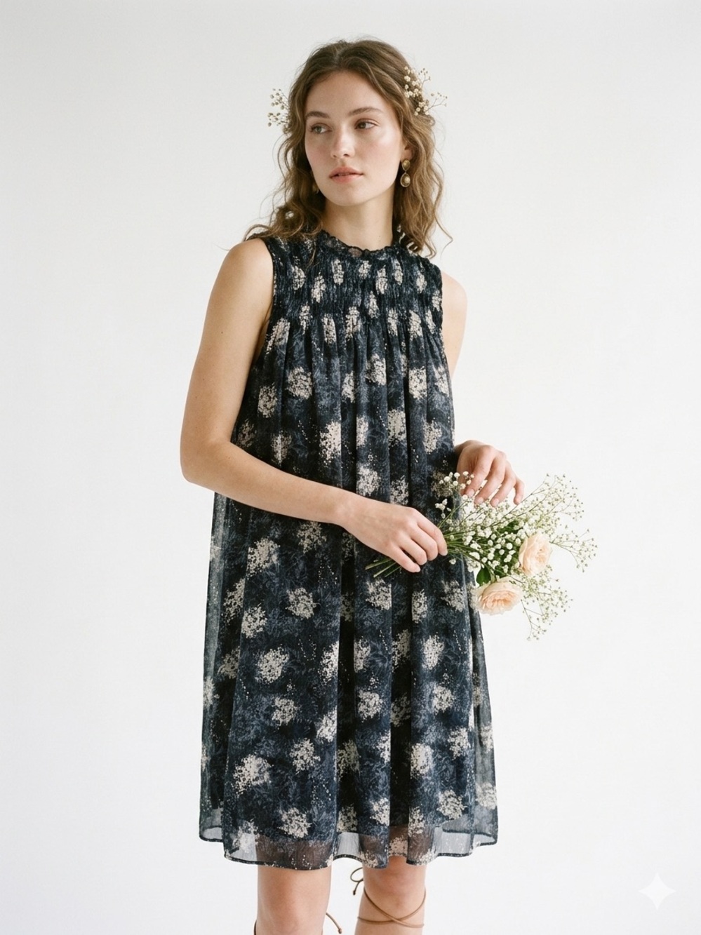 NWT Joie Thelen Baltic Print Chiffon Mock Neck Shift Mini Dress Large Blue